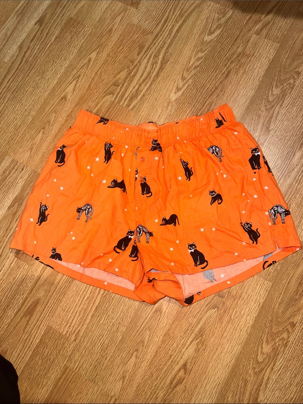 Women’s Orange Cat-Print Shorts with Elastic Waist